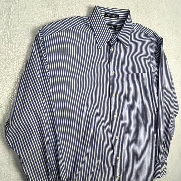 Nautica Shirt Mens 15.5 34/35 Blue White Striped Long Sleeve Button Down Cotton - Picture 4 of 12